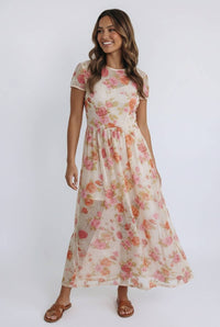 The Eliza Bloom Mesh Midi Dress: Oatmeal/Multi