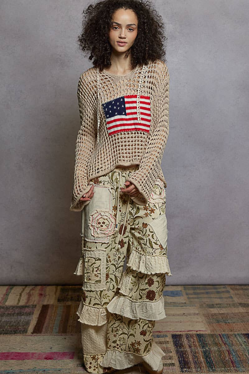 The Liberty Stitch Hoodie Sweater: BeigeAmerican Flag V-Neck Hoodie Sweater – Cotton Long Sleeve Lightweight Knit Top