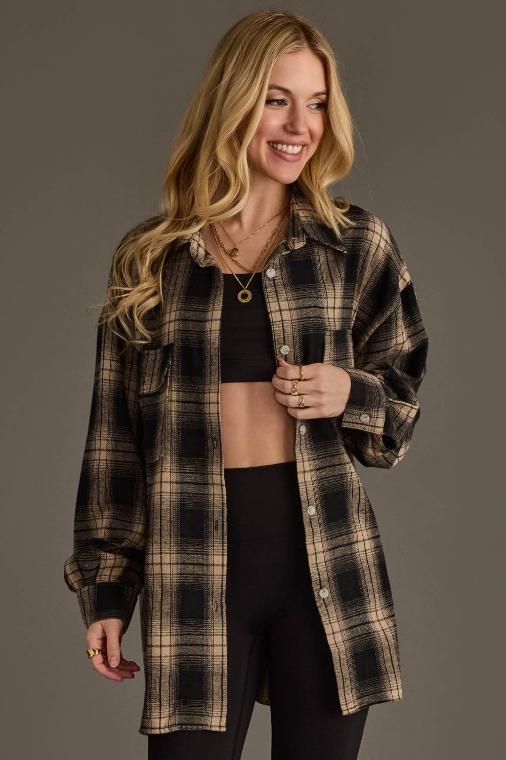 Harper Lightweight Boyfriend Plaid Button-Up Black/ Tan