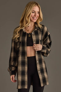 Harper Lightweight Boyfriend Plaid Button-Up Black/ Tan