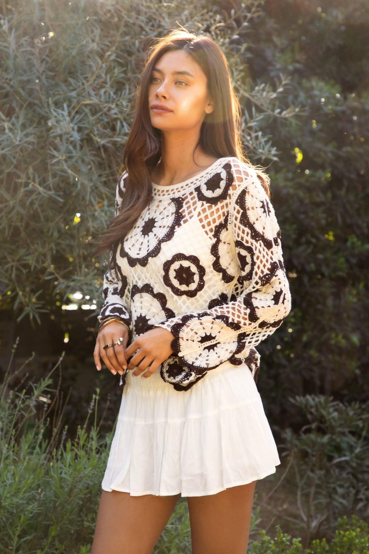 The Solandra Mandala Crochet Top: Cream/Brown