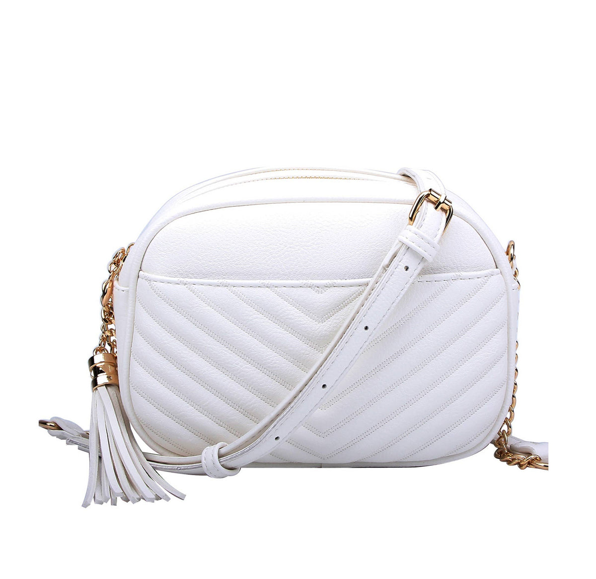 Veronica V-Stitch Tassel Crossbody Bag – Coffee & Stone | Faux Leather Small Purse with Double Zipper Top, Adjustable Strap, Gold Hardware