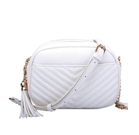 Veronica V-Stitch Tassel Crossbody Bag – Coffee & Stone | Faux Leather Small Purse with Double Zipper Top, Adjustable Strap, Gold Hardware