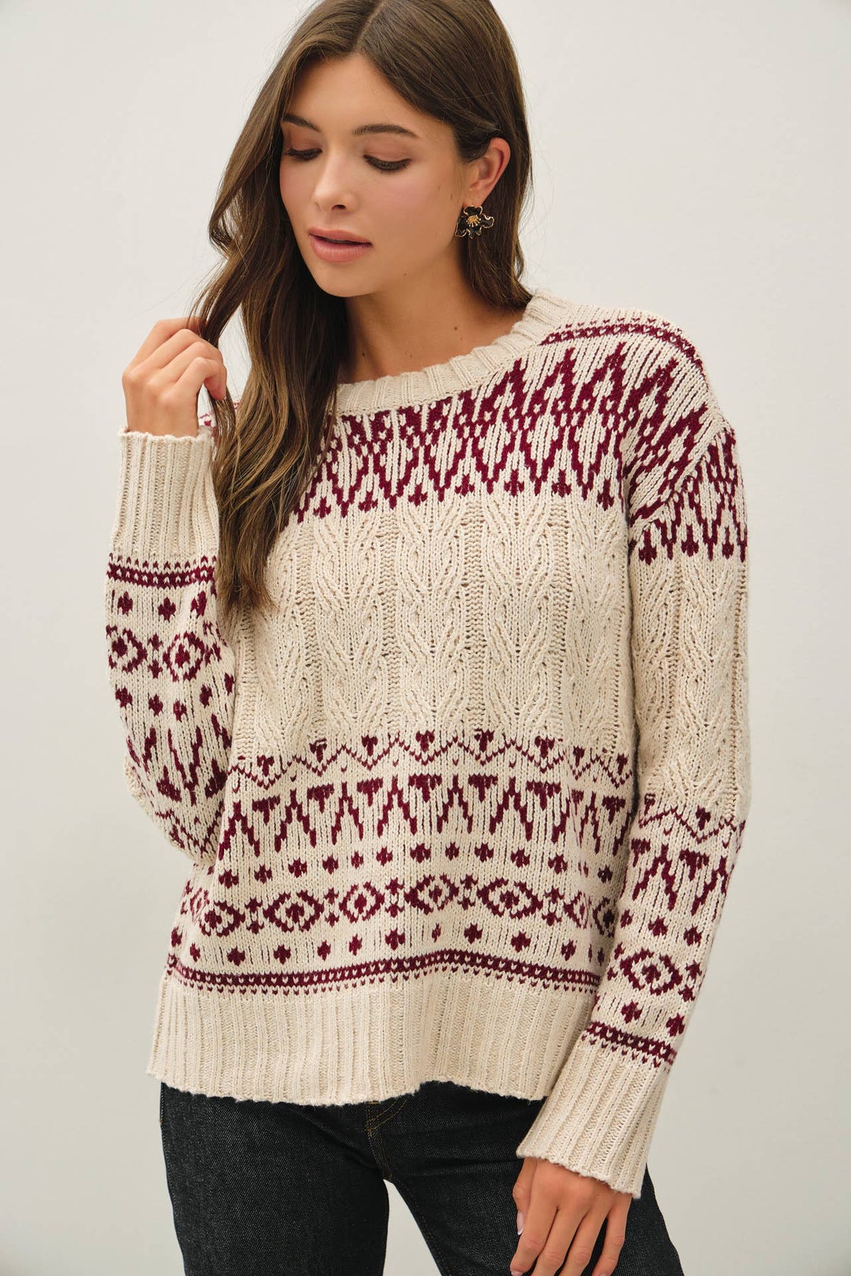 The Storybook Fair Isle Sweater: oatmeal/burgundy