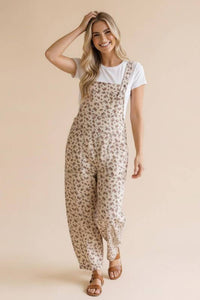 Willow Floral Barrel Leg Overalls: Oatmeal