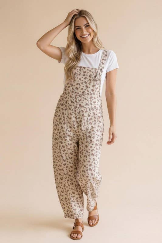 Willow Floral Barrel Leg Overalls: Oatmeal