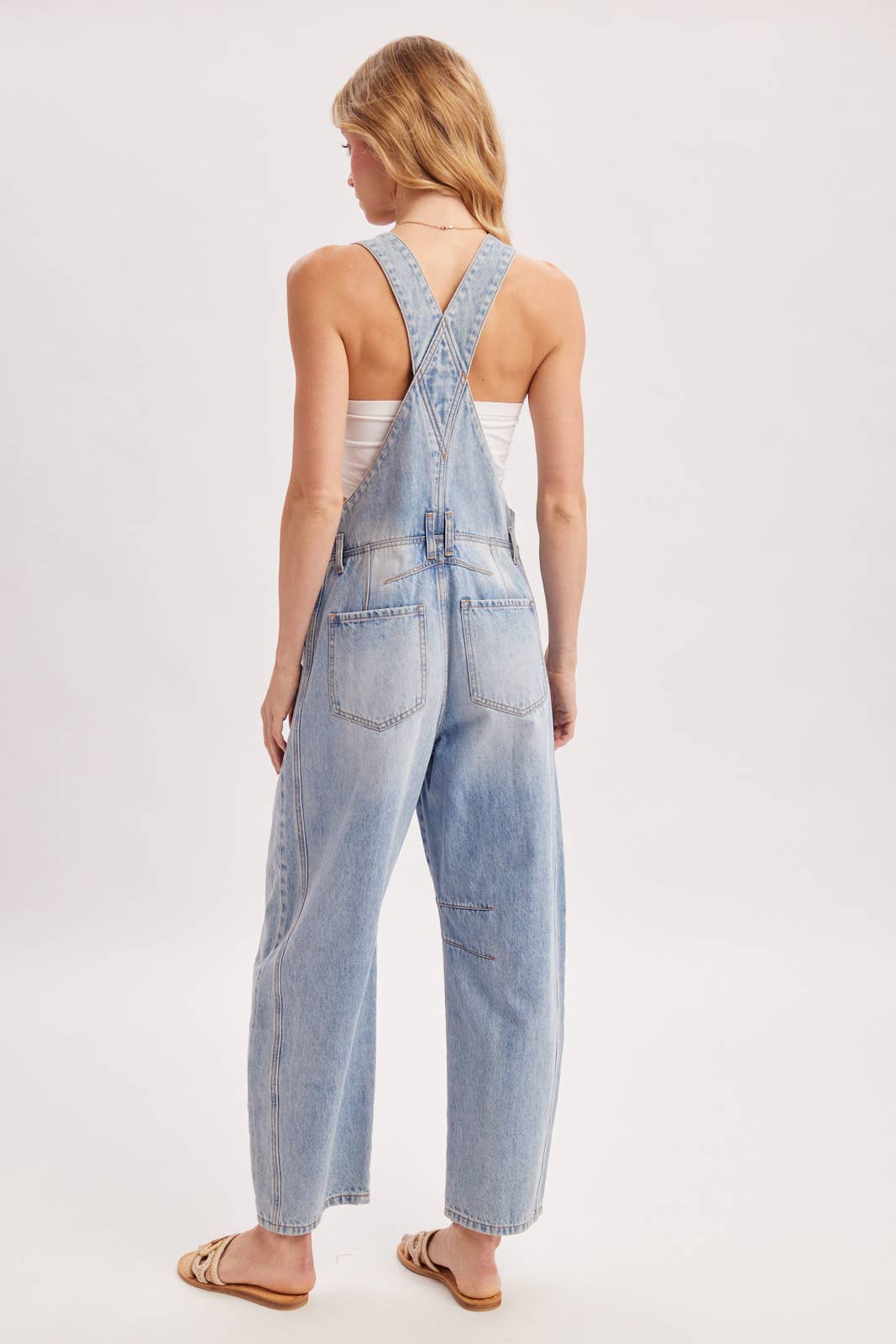 The Remi Barrel Leg Denim Overalls: Lt Wash  – Relaxed Wide Leg Casual Overalls