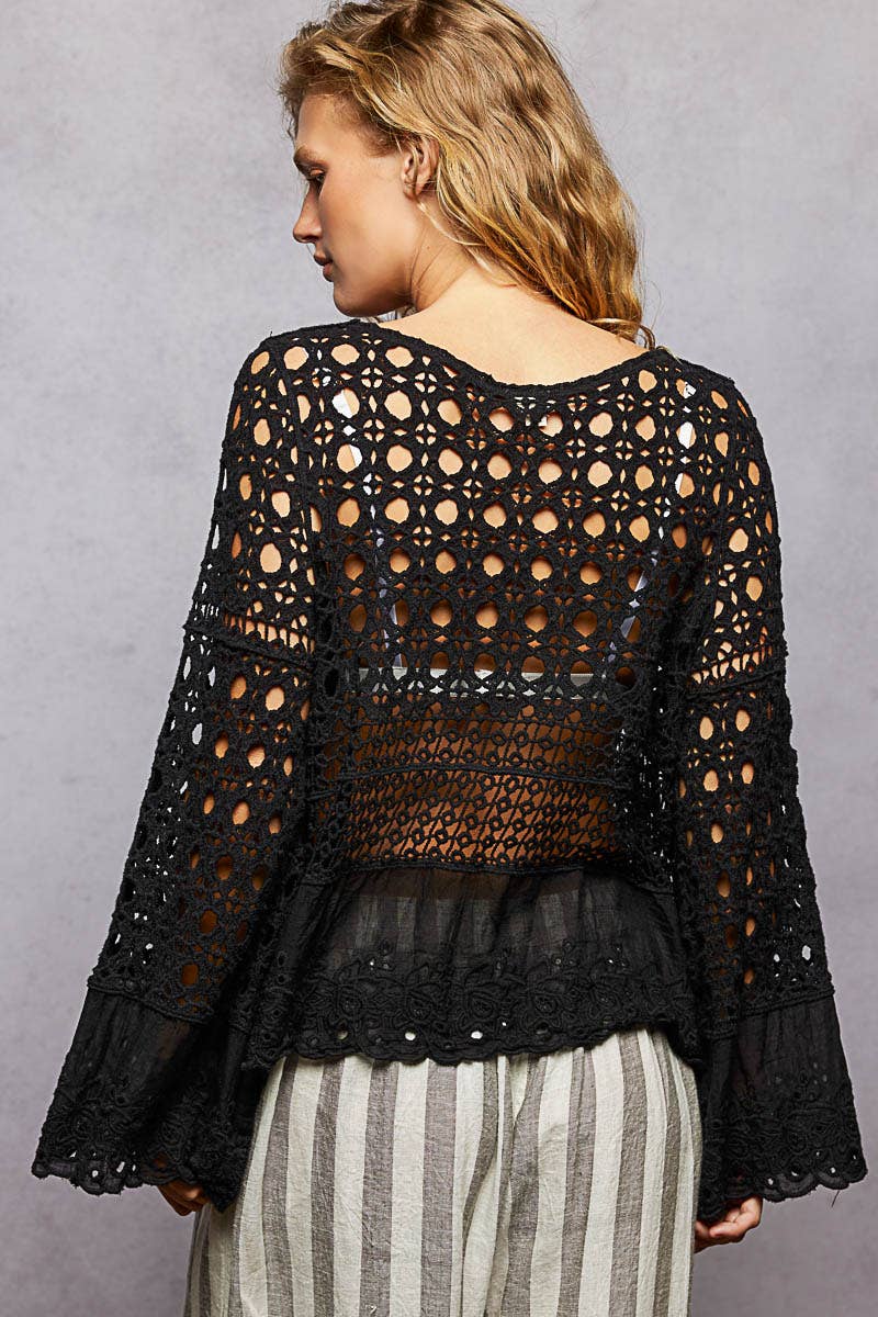 Long Sleeve Round Neck Women Crochet Top: NATURAL / OS