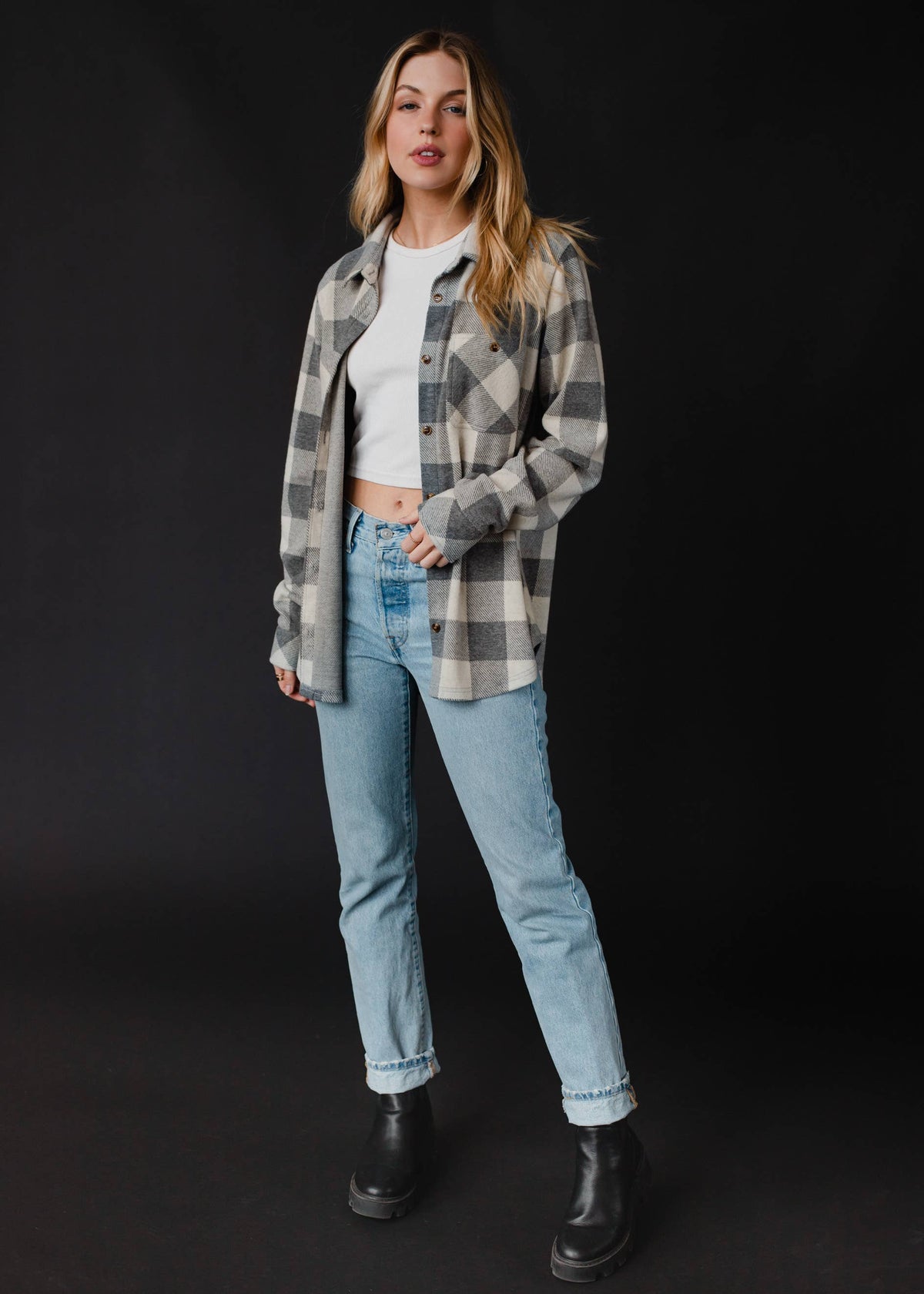 Cozy Gray & Cream Plaid Button Up