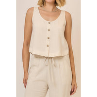 The Brynn Button Up Linen Blend Top – Sleeveless Coconut Button Tank: Oatmeal