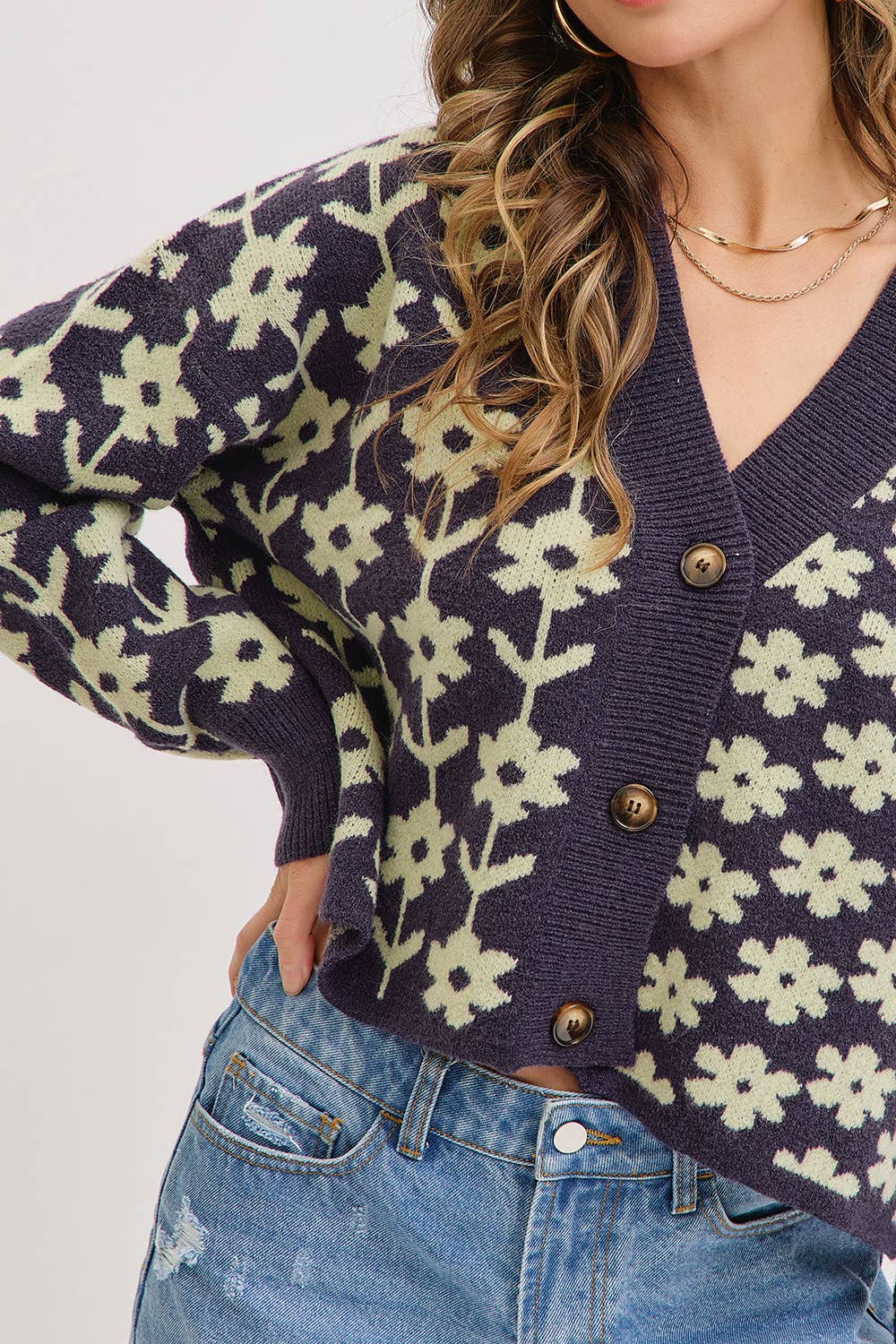 The Soleil Bold Floral Cardigan: Navy – Cropped V-Neck Boxy Sweater