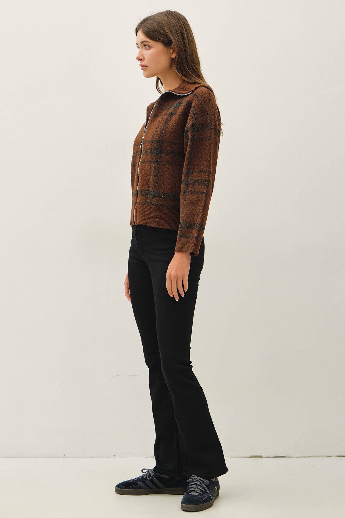 Checked Out Sweater Jacket: Brown