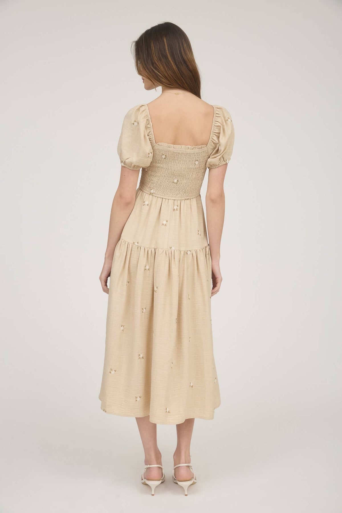 The Elsie Embroidered Smocked Midi Dress – Square Neck Puff Sleeve Cream Floral Dress