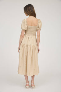 The Elsie Embroidered Smocked Midi Dress – Square Neck Puff Sleeve Cream Floral Dress