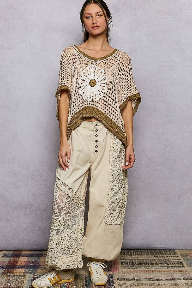 The Marigold Meadow Crochet Sweater: Beige/Olive