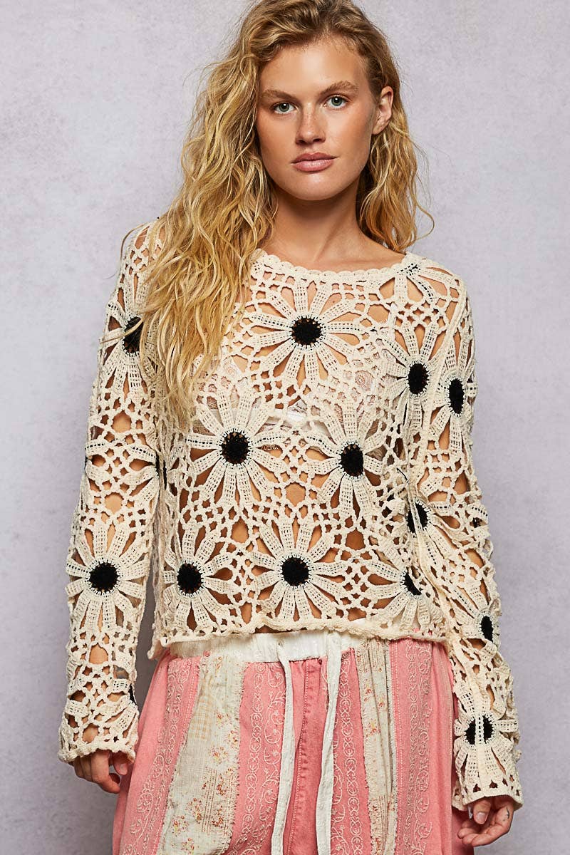Lydia Floral Crochet Blouse – Natural and Black Long Sleeve Boutique Crochet Top