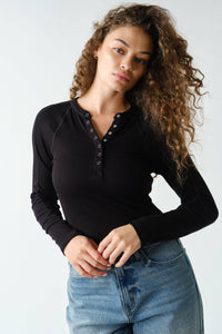 Essential Long-Sleeved Micro-Ribbed Henley Top:
