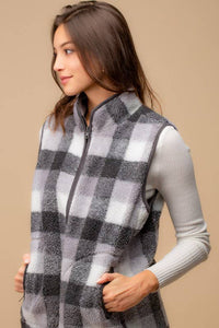 Sleigh Ride Soft and Cozy Plaid Sherpa Vest: Grey