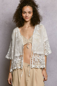 1/2 Sleeve Lace Ruffle Trim Opening Solid Crochet Cardigan: NATURAL / Os