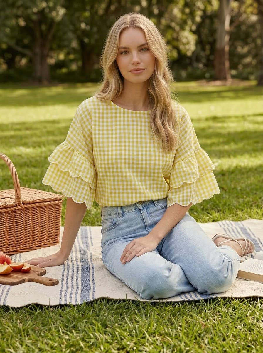 Charming Gingham Scallop Edge Wild Ruffle Sleeve Top VT83548: Brown / S