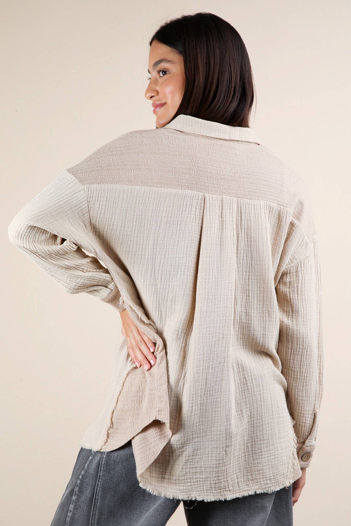 Harbor Breeze Mineral Washed Gauze Shacket – Mixed Fabric, Raw Edge Detai