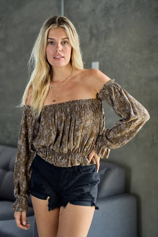 Autumn Breeze Off Shoulder Blouse: Olive/Multi