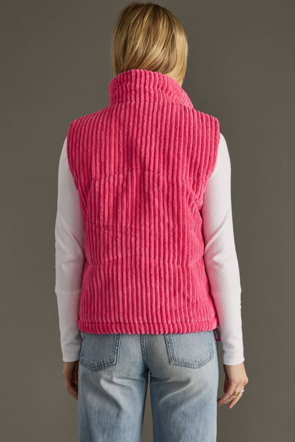 The Brynn Corduroy Puffer Vest – Hot Pink Quilted Layer with Pockets