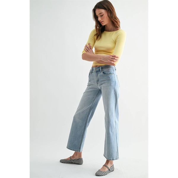 Mica Denim "Harper" Mid Rise Wide Leg Jeans: Light Wash – Ankle Length Comfort Stretch Denim