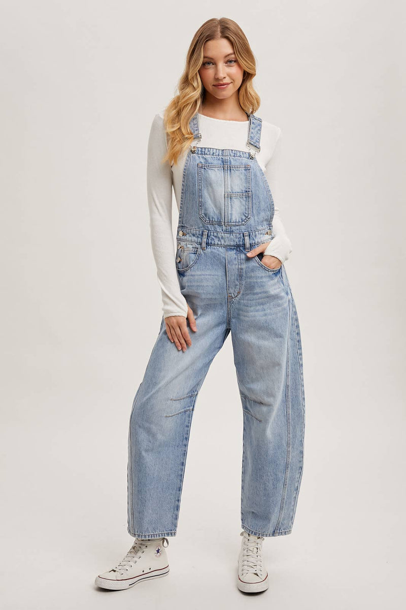 Juniper Barrel Leg Denim Overalls – Vintage Medium Wash Barrel-Leg Overalls with Adjustable Straps