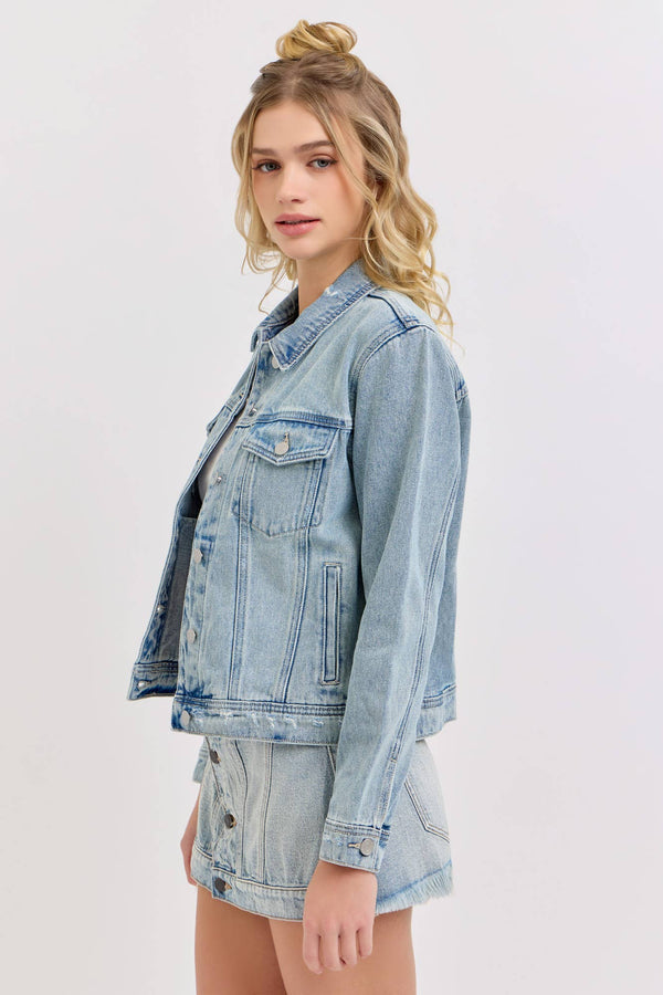 The Maggie Cropped Denim Jacket – Women’s Frayed Hem Button-Down Jean Jacket