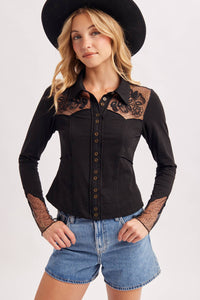 Dakota Rose Western Embroidered Mesh Button Front Top: Black