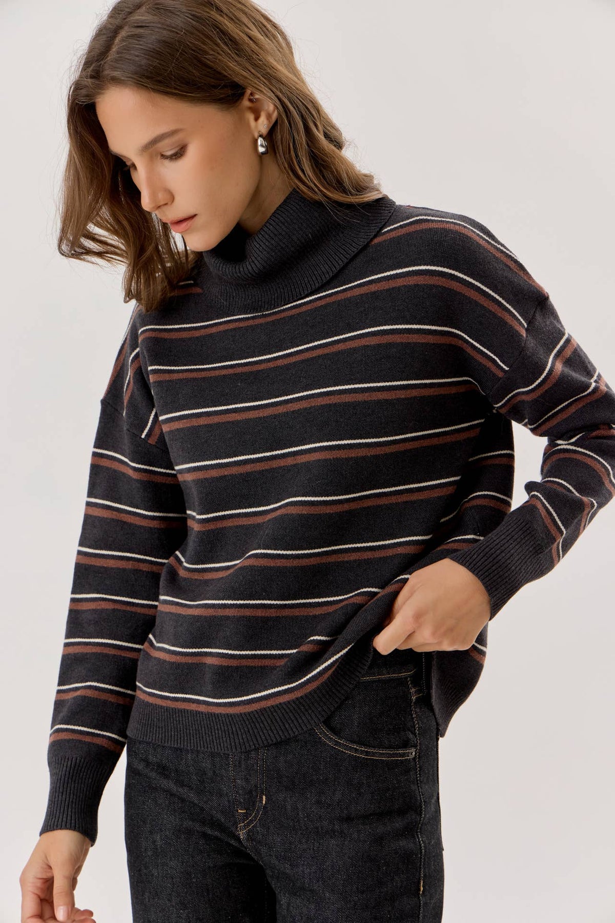 First Class Stripe Turtleneck: Charcoal