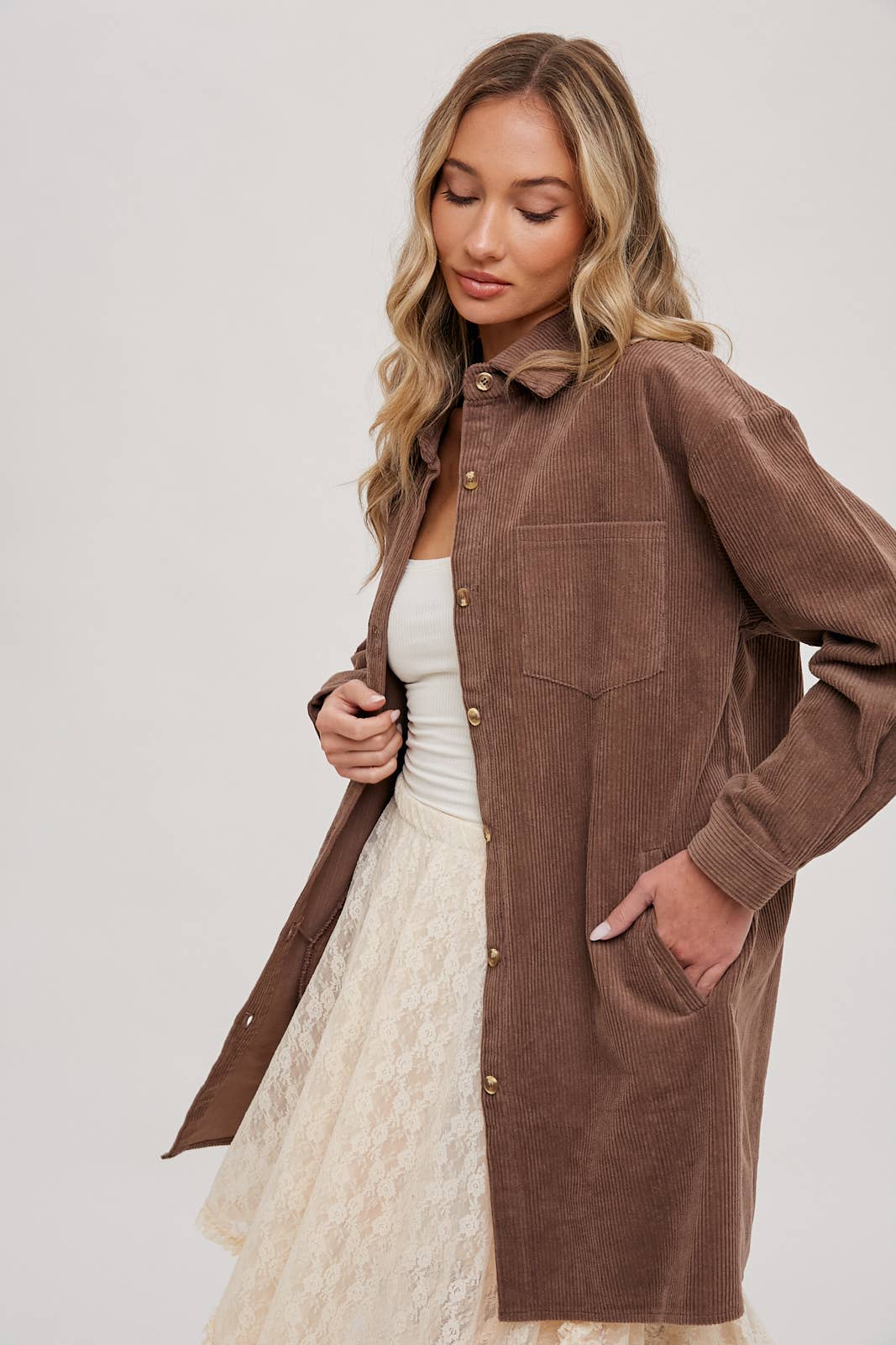 Clara Oversized Corduroy Jacket – Mocha Button-Down Shacket with Pockets