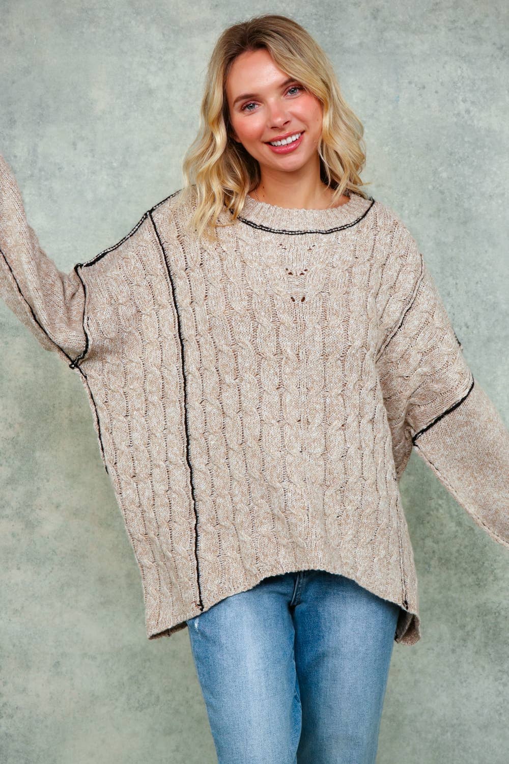 Lanie Color-Stitch Cable Knit Sweater – Oversized Round Neck Pullover | Northern Belle Boutique
