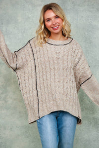 Lanie Color-Stitch Cable Knit Sweater – Oversized Round Neck Pullover | Northern Belle Boutique