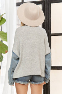 The Brinley Denim Sleeve Color Block Sweater – Cozy Mixed Knit Pullover