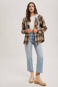 Rowan Hooded Plaid Flannel Shacket – Mocha & Taupe Button-Front Jacket