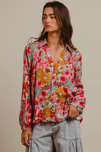 Flower Child Vibrant Floral Long Sleeve Blouse: Pink/Multi