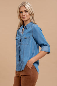 Callie Button Down 3/4 Tab Chambray Blouse: Medium Wash