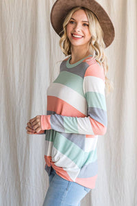 Polly Spring Stripe Ribbed Long Sleeve Casual Top: Coral/Multi