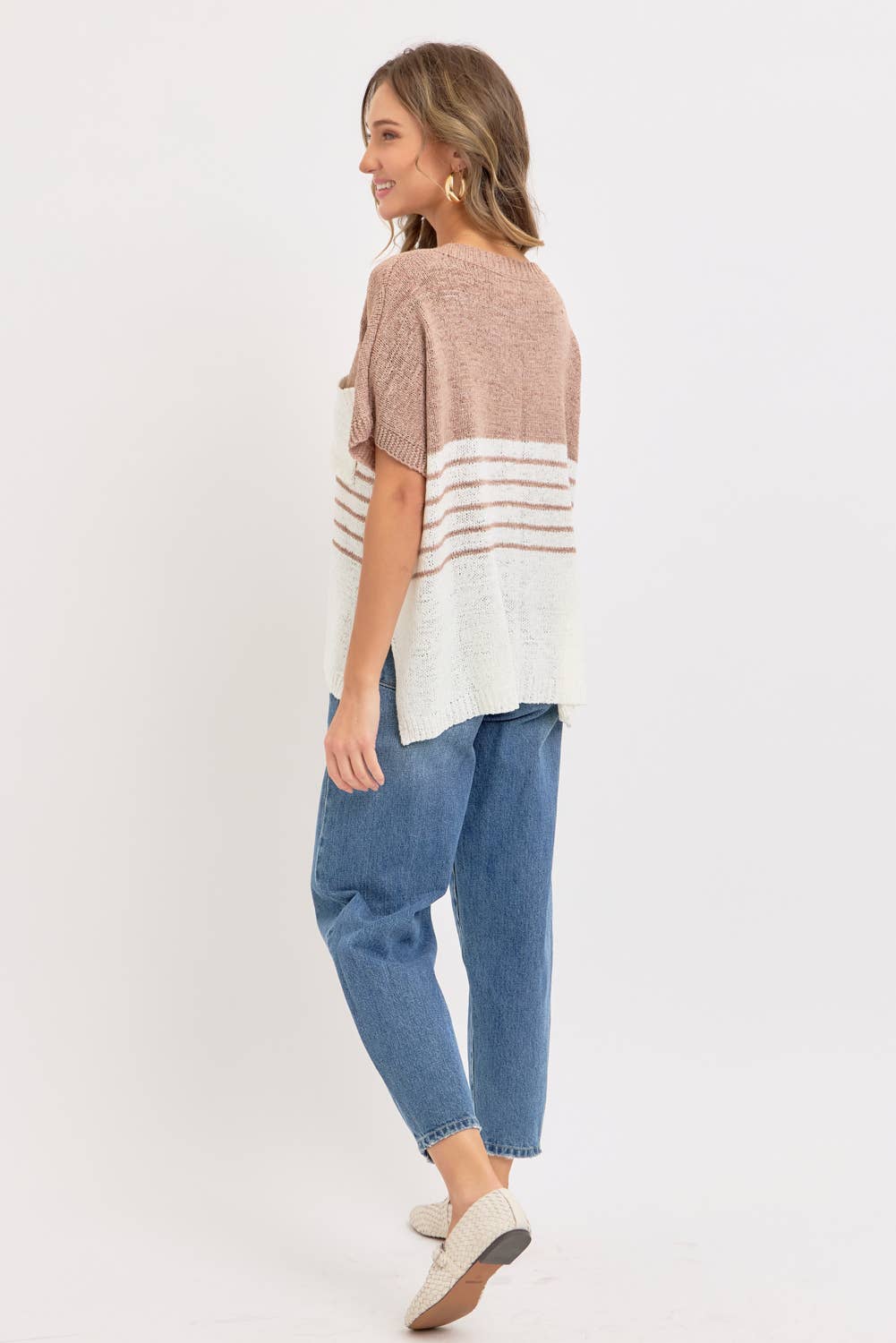 Isla Slouchy Striped Knit Top – Oversized V-Neck Sweater Tee