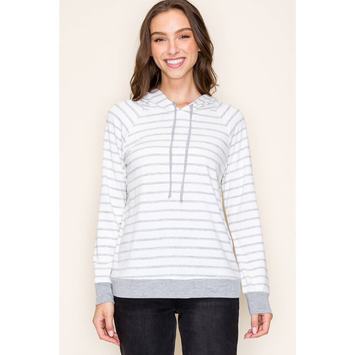 Nina Drawstring Neck Long Sleeve Striped Hoodie Top Grey