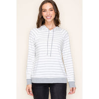 Nina Drawstring Neck Long Sleeve Striped Hoodie Top Grey