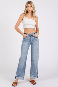 Sawyer Low Rise Baggy Straight Jeans – Light Wash Cuffed Denim with Soft Stretch
