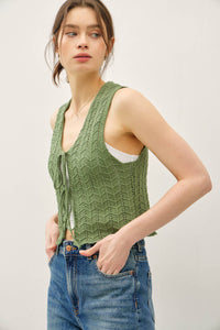 The Bellamy Knit Tie Vest: Soft Pine – Soft Sweater Vest with Wavy Hem Detail for Women