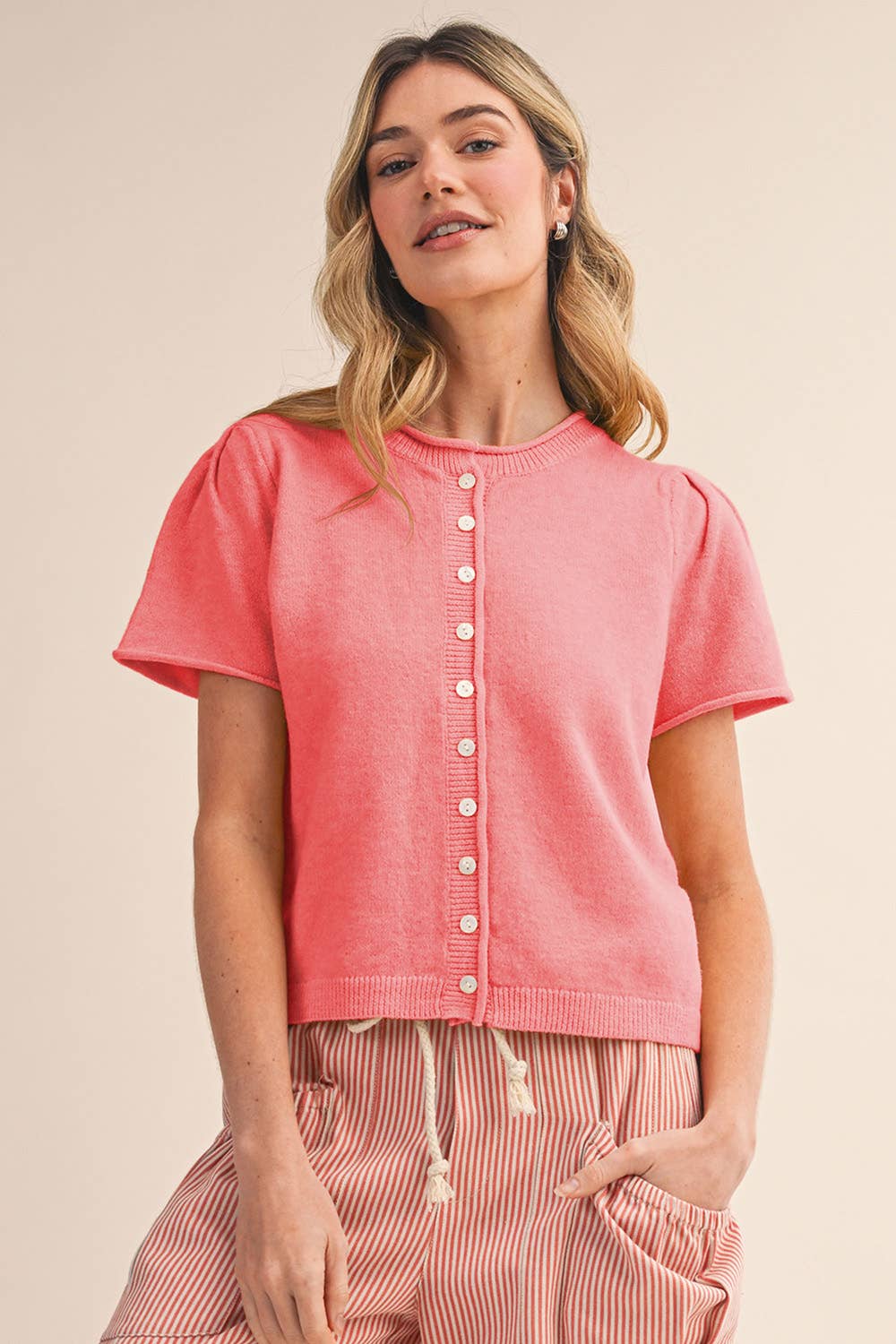Brielle Puff Sleeve Sweater Cardigan:Bright Pink