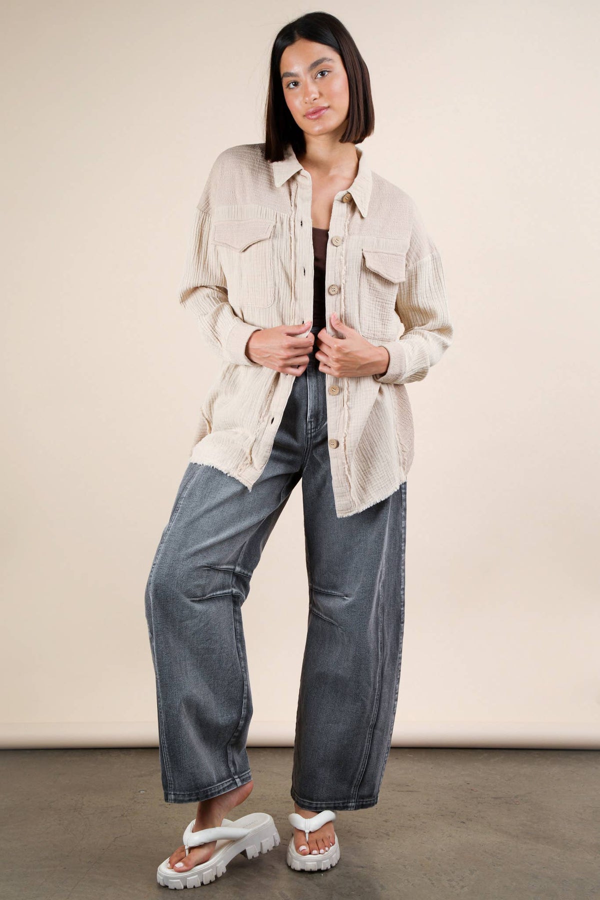 Harbor Breeze Mineral Washed Gauze Shacket – Mixed Fabric, Raw Edge Detai