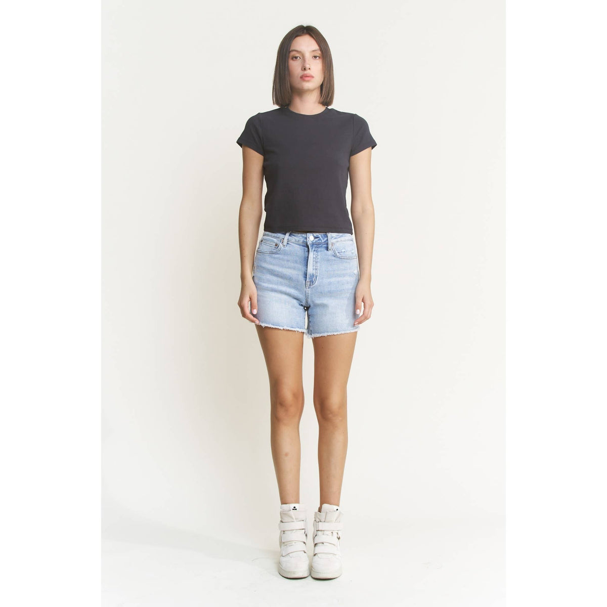 Mica Denim "City Blue" High Rise Denim Shorts: Light Wash- Frayed Hem | Comfort Stretch