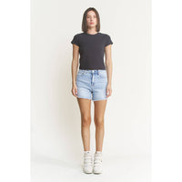 Mica Denim "City Blue" High Rise Denim Shorts: Light Wash- Frayed Hem | Comfort Stretch