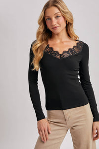 Maren Lace-Trim Ribbed Long Sleeve Top – Black V-Neck Essential | Northern Belle Boutique